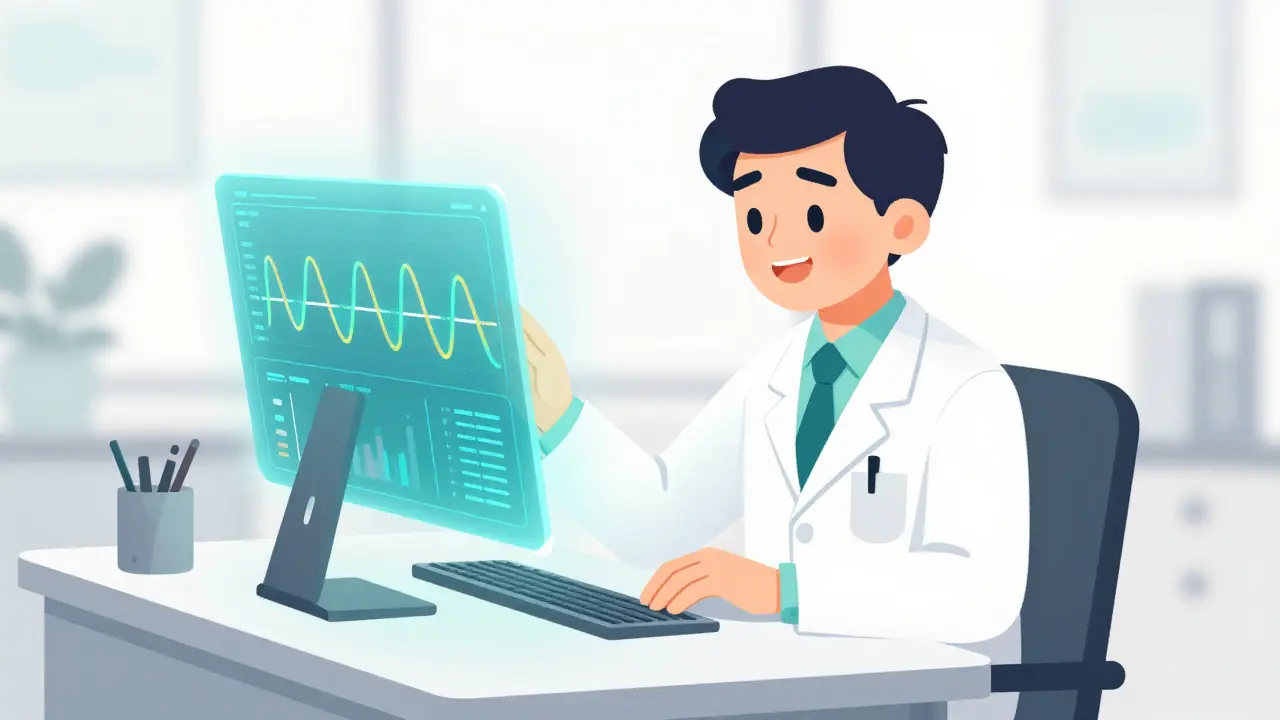 A sleep physician analyzing colorful holographic sleep data patterns to provide a diagnosis.