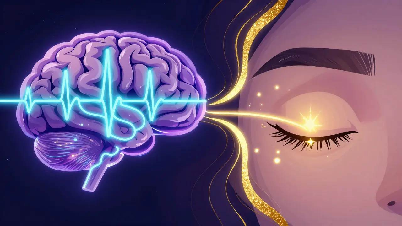 Abstract illustration of brain waves and REM sleep activity in deep blue and gold tones.