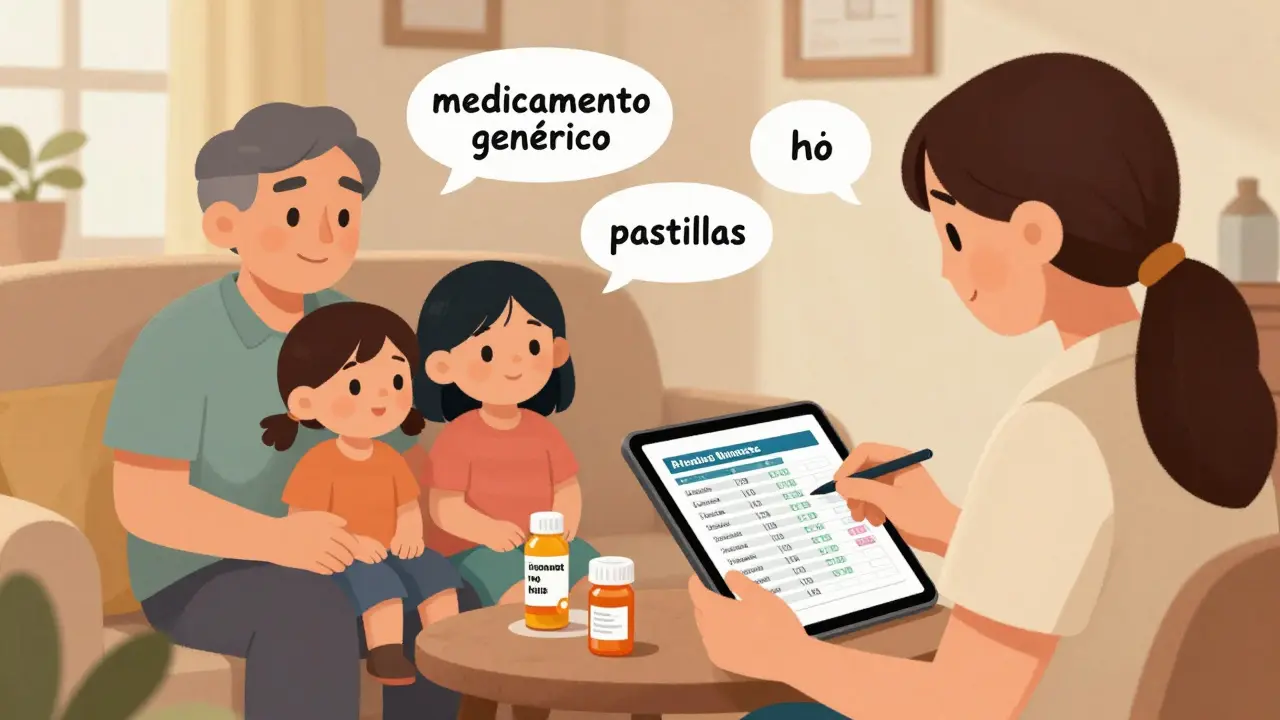 Caregiver using a bilingual medication list and tablet to manage a family member's health.