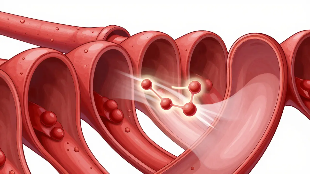Conceptual art showing blood vessels widening due to cGMP accumulation.
