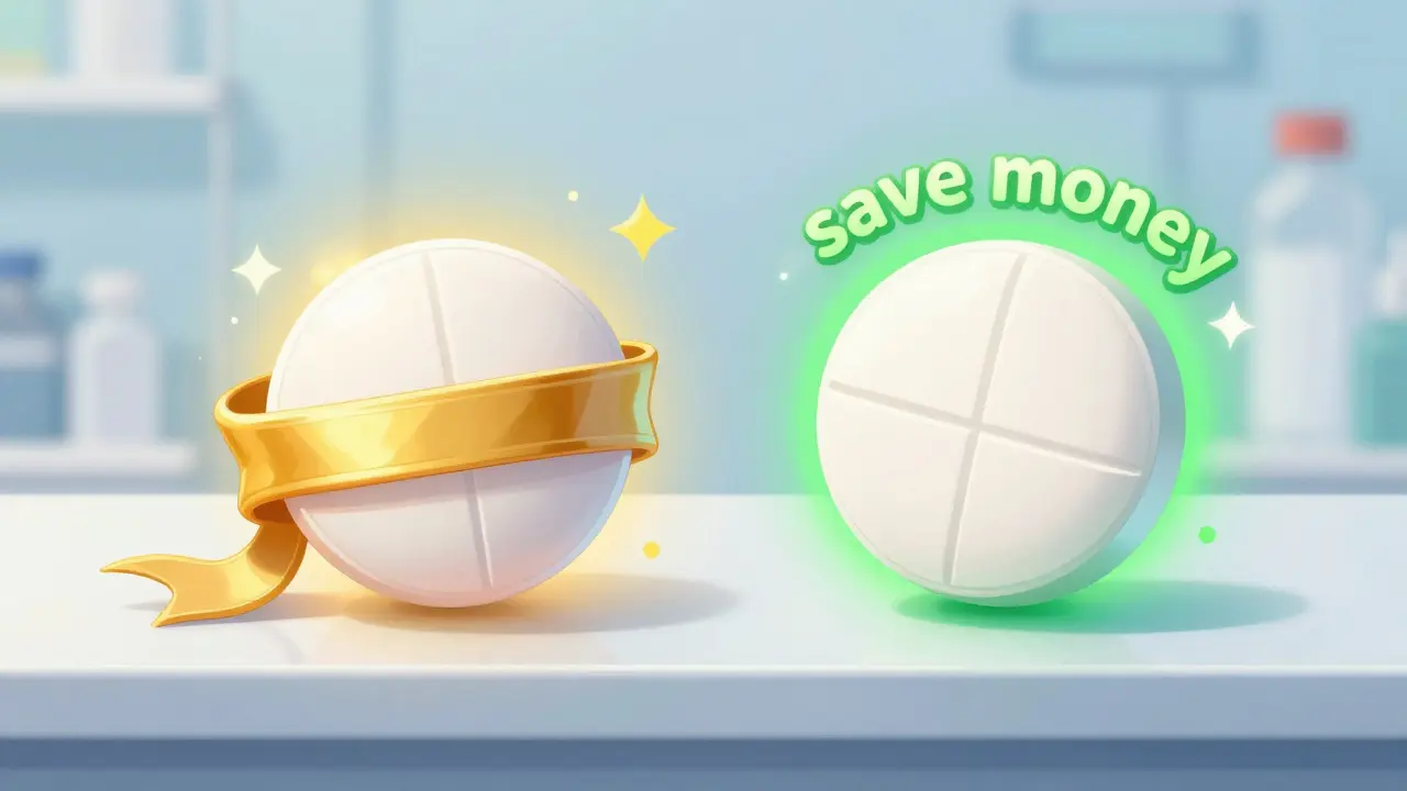 Conceptual art showing two identical pills, one labeled as luxury brand and one as affordable generic.