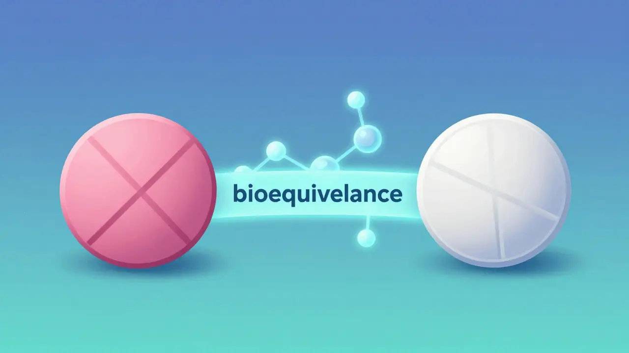 Conceptual illustration comparing a brand-name pill and a generic pill showing chemical equivalence.
