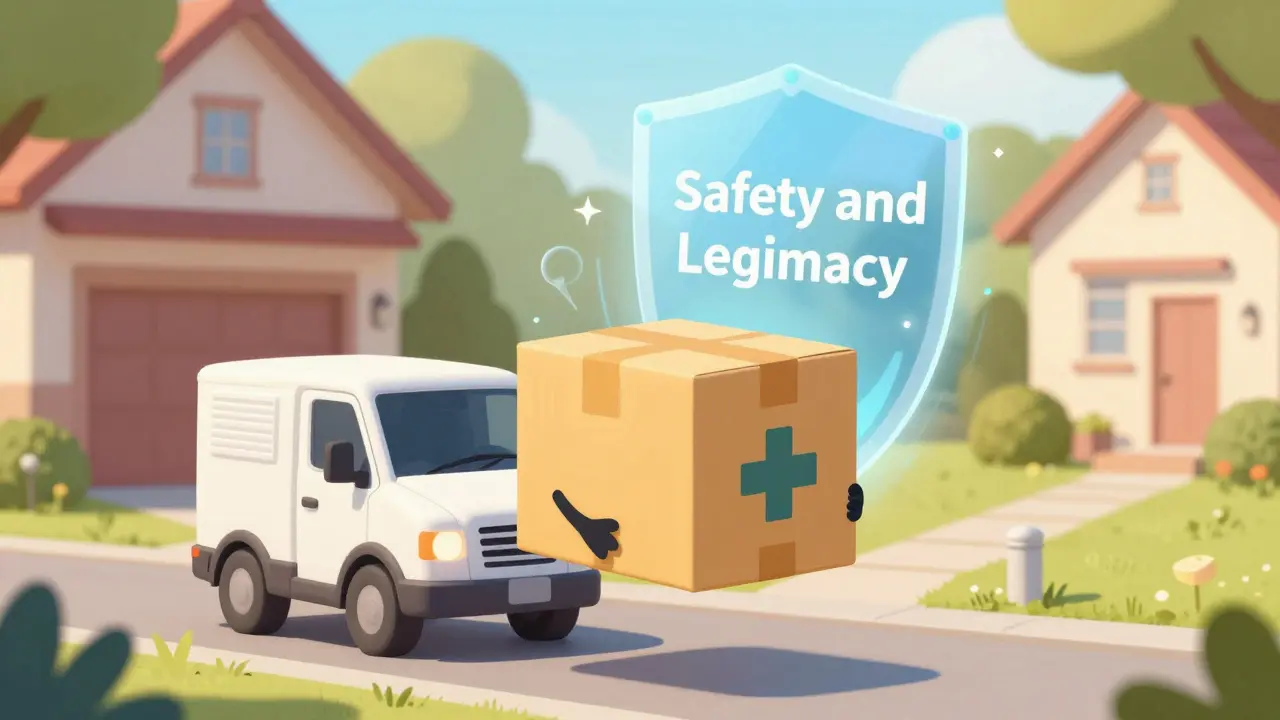 Illustration of a secure medical package being delivered to a home with a safety shield icon.