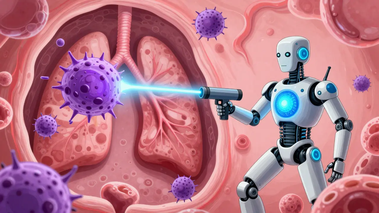 Robotic antibody neutralizing inflammatory proteins in a stylized lung