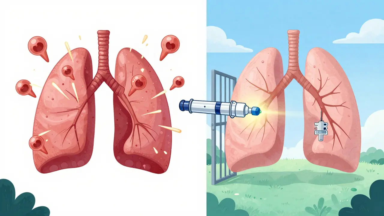 Split view of lung inflammation versus the relief provided by biologic therapy
